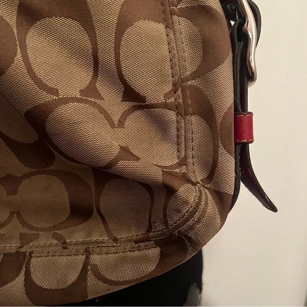 Coach F12674 Zoe Signature C Khaki Jacquard Red Leather Hobo Shoulder Bag - Picture 10 of 16